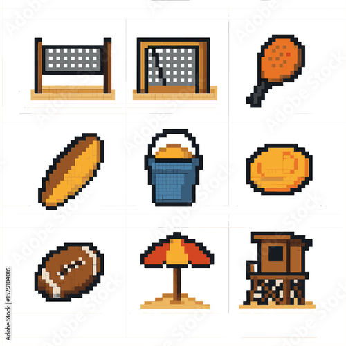 Beach Sports Icons. Pixel art icon set of beach sports: volleyball net, beach soccer goal, beach tennis paddle, skimboard, sand