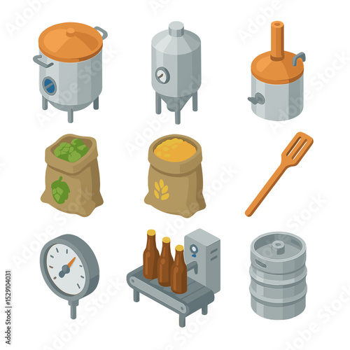 Beer Brewing Icon Set. Isometric Flat icon set of beer brewing equipment: mash tun vat, fermentation tank, kettle boiler, hops