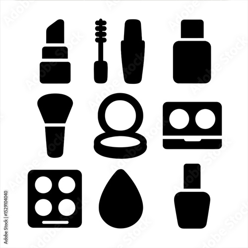 Beauty Icon Grid. Solid, Filled icon set of beauty & makeup: lipstick tube, mascara wand, foundation bottle, makeup brush, compact