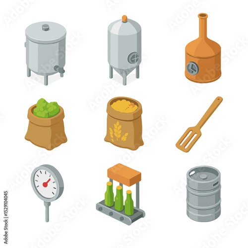 Beer Brewing Icon Set. Isometric Flat icon set of beer brewing equipment: mash tun vat, fermentation tank, kettle boiler, hops