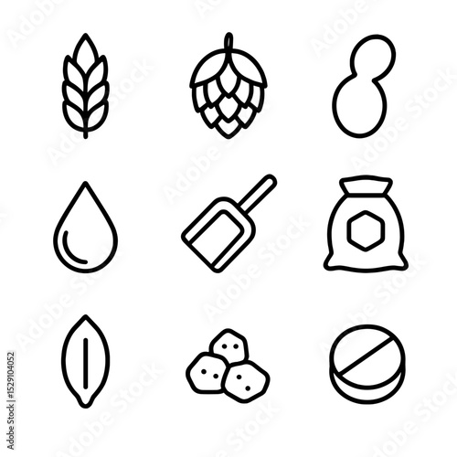 Beer Ingredients Icons. Outline icon set of beer ingredients: barley grain, hop cone, yeast cell, water droplet, malt shovel,
