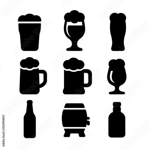 Beer Style Icons. Solid, Filled icon set of beer styles: lager pint, ale glass, pilsner flute, stout stein, porter mug, IPA tulip,