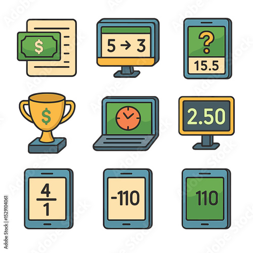 Betting Odds Icons. Isometric Flat icon set of betting odds types: Moneyline, Spread, Total, Prop bet, Futures, Live odds, Decimal