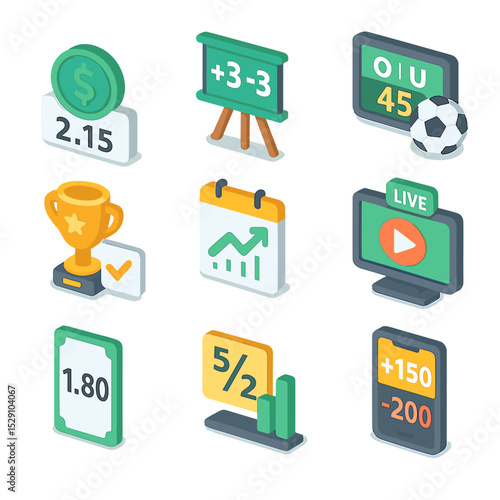 Betting Odds Icons. Isometric Flat icon set of betting odds types: Moneyline, Spread, Total, Prop bet, Futures, Live odds, Decimal