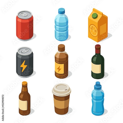 Beverage Icons Grid. Isometric Flat icon set of beverages aisle: soda can, bottled water, juice carton, energy drink, tea bottle,