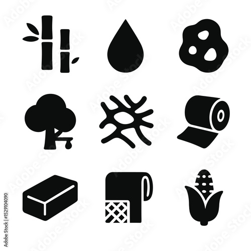 Bio-Based Material Icons. Solid, Filled icon set of bio-based materials: bamboo stalk, bioplastic resin droplet, algae biomass
