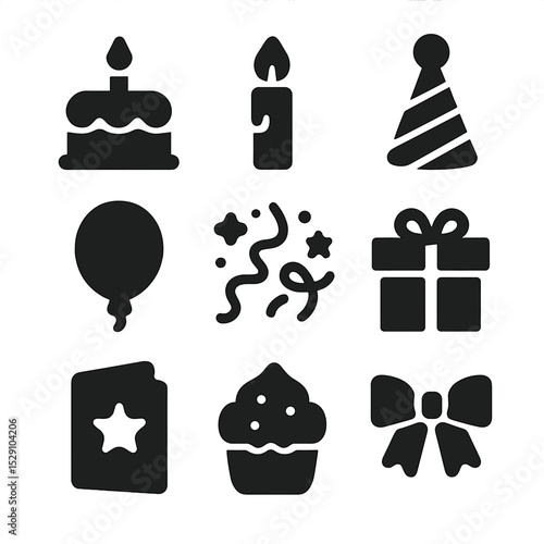Birthday Icon Set. Solid, Filled icon set of birthday wishes: birthday cake, candle, party hat, balloon, confetti, gift box,