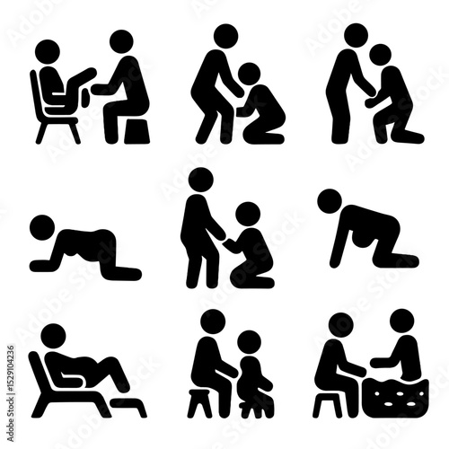 Birthing Positions Icons. Solid, Filled icon set of birthing positions: lithotomy, squatting, kneeling, side-lying, standing,