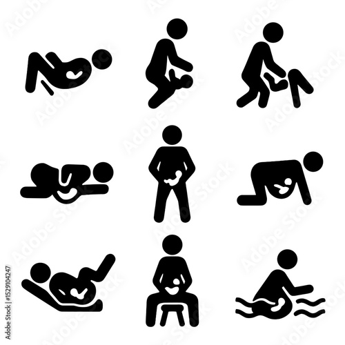 Birthing Positions Icons. Solid, Filled icon set of birthing positions: lithotomy, squatting, kneeling, side-lying, standing,