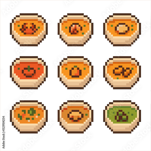 Bisque Icon Collection. Pixel art icon set of bisque variations: crab bisque, shrimp bisque, scallop bisque, tomato bisque,