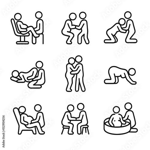 Birthing Positions Icons. Outline icon set of birthing positions: lithotomy, squatting, kneeling, side-lying, standing,