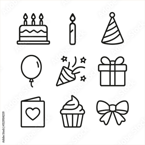 Birthday Icons Set. Outline icon set of birthday wishes: birthday cake, candle, party hat, balloon, confetti, gift box, greeting