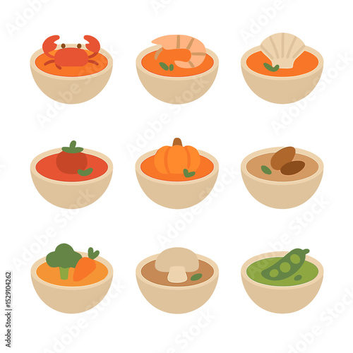 Bisque Icon Set. Flat icon set of bisque variations: crab bisque, shrimp bisque, scallop bisque, tomato bisque, pumpkin bisque,