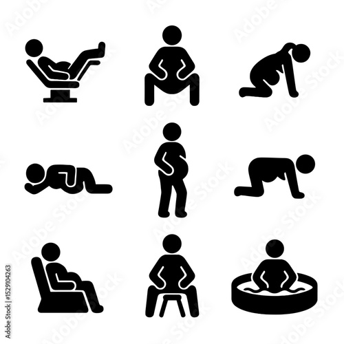 Birthing Positions Icon Grid. Flat icon set of birthing positions: lithotomy, squatting, kneeling, side-lying, standing, hands-and