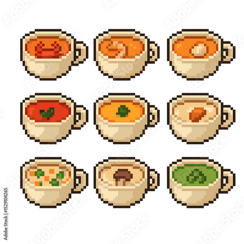 Bisque Icon Collection. Pixel art icon set of bisque variations: crab bisque, shrimp bisque, scallop bisque, tomato bisque,