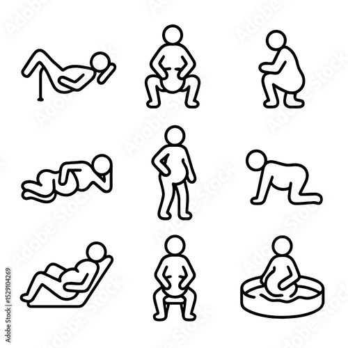 Birthing Positions Icons. Outline icon set of birthing positions: lithotomy, squatting, kneeling, side-lying, standing,