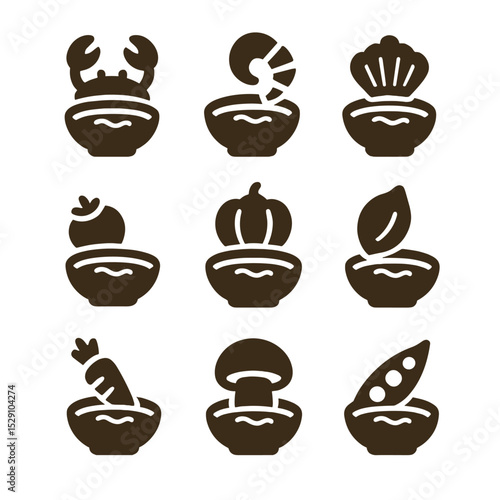 Bisque Icons Grid. Solid, Filled icon set of bisque variations: crab bisque, shrimp bisque, scallop bisque, tomato bisque, pumpkin