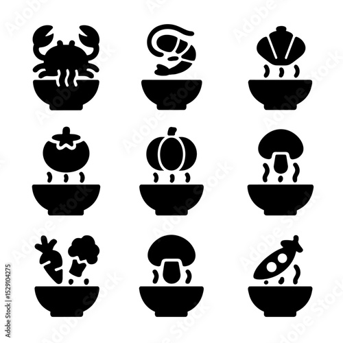 Bisque Icons Grid. Solid, Filled icon set of bisque variations: crab bisque, shrimp bisque, scallop bisque, tomato bisque, pumpkin