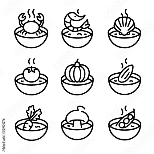 Bisque Icons Grid. Outline icon set of bisque variations: crab bisque, shrimp bisque, scallop bisque, tomato bisque, pumpkin