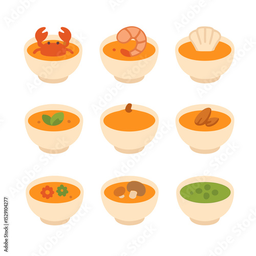Bisque Icon Set. Flat icon set of bisque variations: crab bisque, shrimp bisque, scallop bisque, tomato bisque, pumpkin bisque,