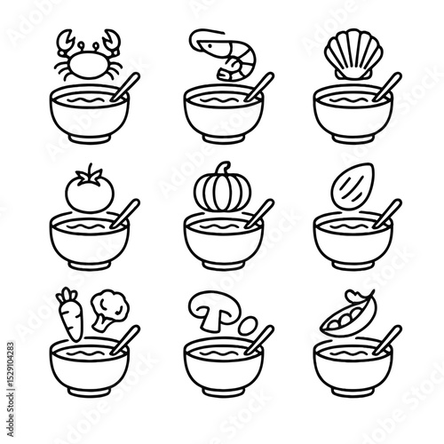 Bisque Icons Grid. Outline icon set of bisque variations: crab bisque, shrimp bisque, scallop bisque, tomato bisque, pumpkin