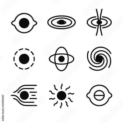 Black Hole Icon Set. Outline icon set of black hole environments: event horizon, accretion disk, relativistic jet, photon sphere,