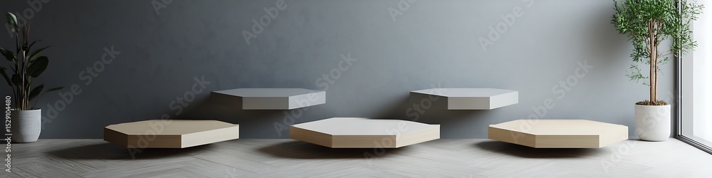 Floating 3D hexagon platforms with neutral tones and minimal tech product Floating 3D hexagon platforms with neutral tones and minimal tech product