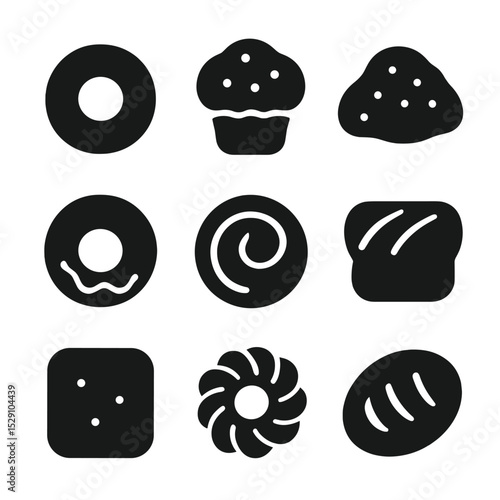 Breakfast Pastry Icons. Solid, Filled icon set of breakfast pastries: bagel, muffin, scone, donut, cinnamon roll, babka, beignet,