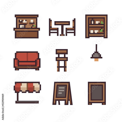 Café Icon Set. Pixel art icon set of café interior: counter, tables, chairs, sofa, bar stool, shelf, lamp, awning, chalkboard menu