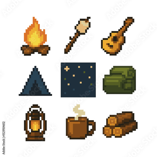 Campfire Night Icons. Pixel art icon set of campfire bonding nights: campfire flame, marshmallow on stick, guitar, tent silhouette