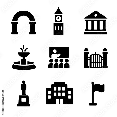 Campus Landmark Icons. Solid, Filled icon set of campus landmarks: university arch, clock tower, library facade, quad fountain,
