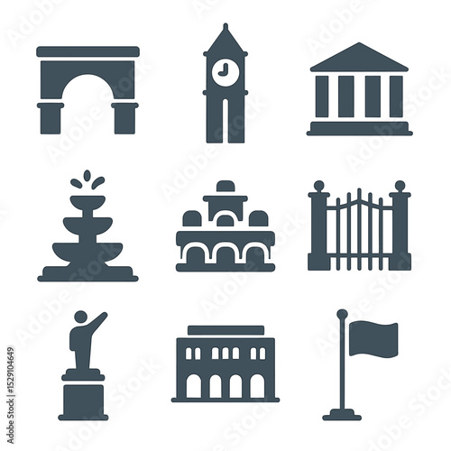 Campus Landmark Icons. Flat icon set of campus landmarks: university arch, clock tower, library facade, quad fountain, lecture