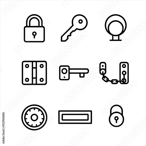 Brass Lock Icon Set. Outline icon set of brass locks and security hardware: padlock, key, door knob, hinge, latch, chain, safe