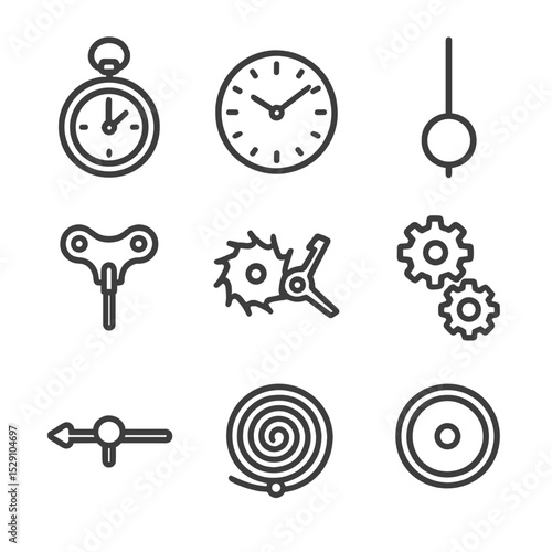 Brass Timepiece Icons. Outline icon set of brass timepieces and mechanisms: pocket watch, clock face, pendulum bob, winding key,
