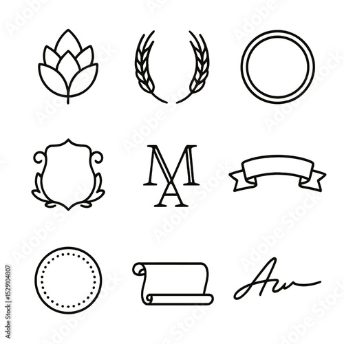 Brewery Icon Set. Outline icon set of branding elements: hop leaf emblem, barley wreath, brewery badge, vintage crest, monogram