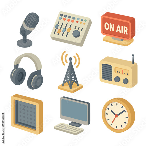 Broadcast Studio Icons. Isometric Flat icon set of radio broadcasting studio: microphone, mixing console, on-air sign, headphones,