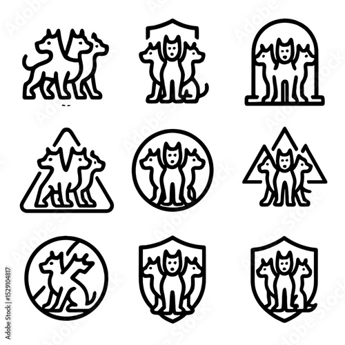 Cerberus Icon Set. Outline icon set of Cerberus symbolism: loyalty emblem, guardian icon, threshold mark, danger sign, underworld