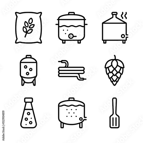 Brewing Process Icons. Outline icon set of brewing process: malt bag, mash tun, boil kettle, fermentation tank, wort chiller, hop