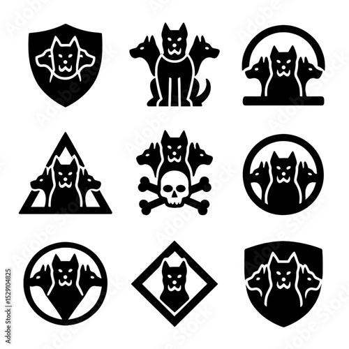 Cerberus Icon Set. Flat icon set of Cerberus symbolism: loyalty emblem, guardian icon, threshold mark, danger sign, underworld