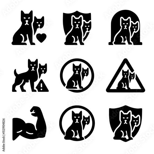 Cerberus Icon Set. Solid, Filled icon set of Cerberus symbolism: loyalty emblem, guardian icon, threshold mark, danger sign,