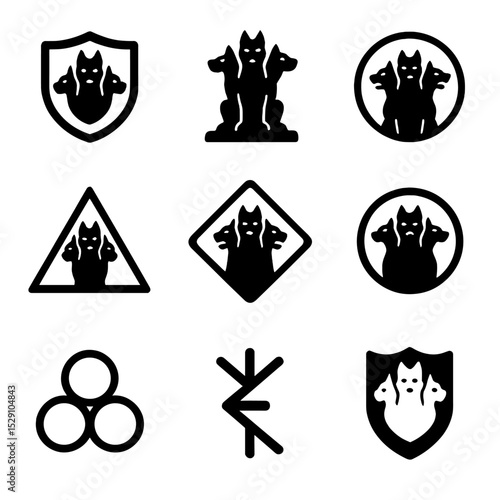 Cerberus Icon Set. Flat icon set of Cerberus symbolism: loyalty emblem, guardian icon, threshold mark, danger sign, underworld