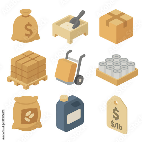 Bulk Purchase Icons. Isometric Flat icon set of bulk purchase bargains: wholesale sack, bulk bin scoop, large pack box, pallet