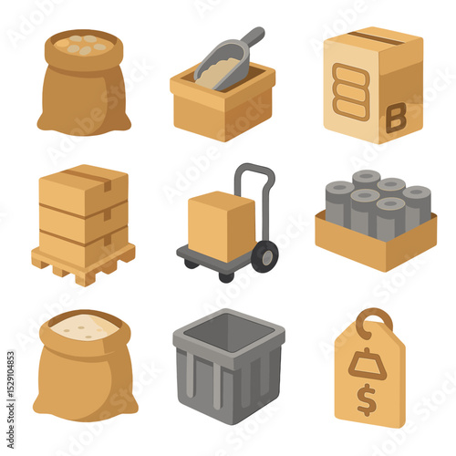 Bulk Purchase Icons. Isometric Flat icon set of bulk purchase bargains: wholesale sack, bulk bin scoop, large pack box, pallet
