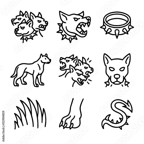 Cerberus Anatomy Icons. Outline icon set of Cerberus anatomy: three heads, sharp fangs, spiked collar, muscular body, barking