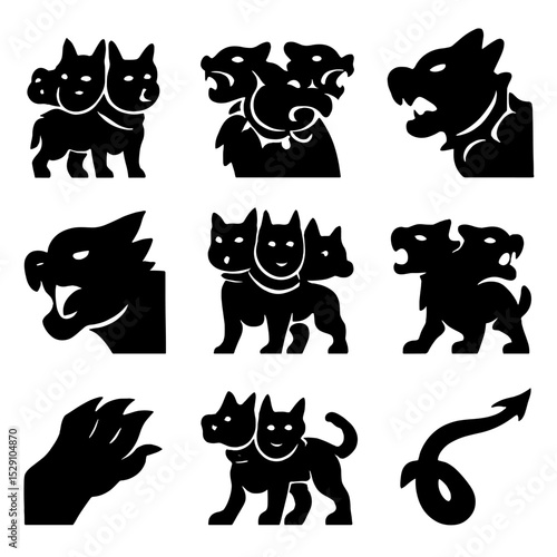 Cerberus Anatomy Icon Set. Solid, Filled icon set of Cerberus anatomy: three heads, sharp fangs, spiked collar, muscular body,