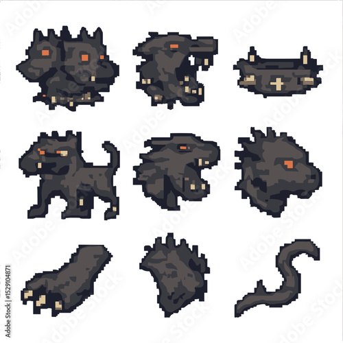 Cerberus Anatomy Icons. Pixel art icon set of Cerberus anatomy: three heads, sharp fangs, spiked collar, muscular body, barking
