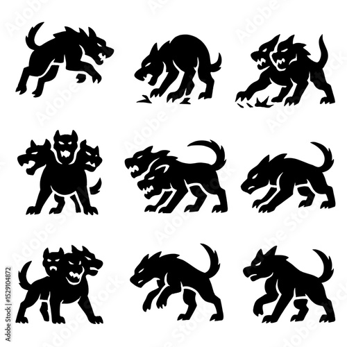 Cerberus Attack Icons. Solid, Filled icon set of Cerberus fighting poses: leap attack, bite strike, ground shake, multi-head snap,