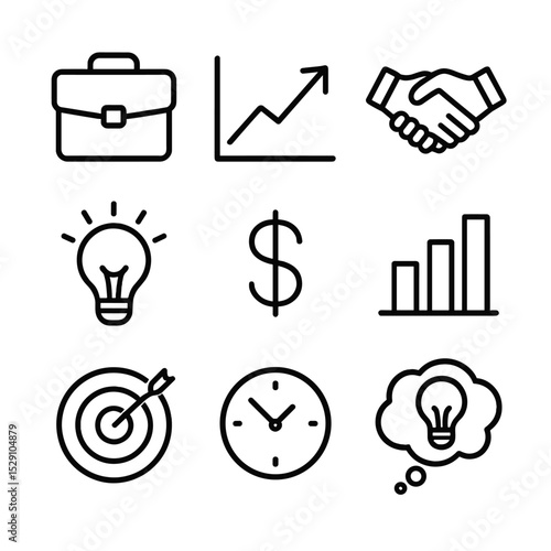 Business Concept Icons. Outline icon set of instant realization in business: briefcase, upward graph, handshake, lightbulb, dollar