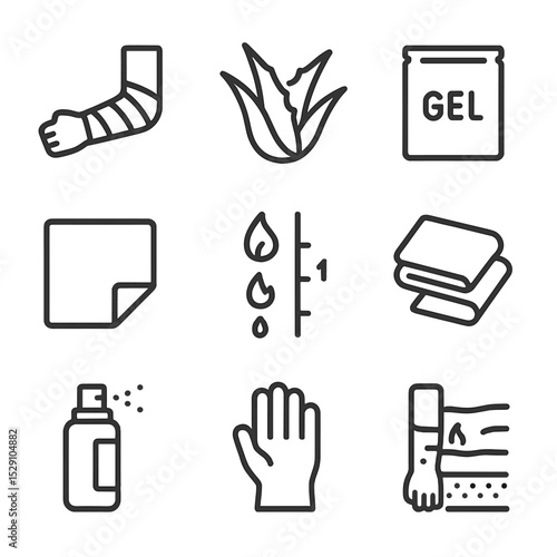 Burn Treatment Icons. Outline icon set of burn treatment: burn dressing, aloe vera leaf, cooling gel sachet, hydrogel sheet, burn