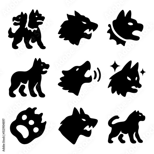 Cerberus Anatomy Icon Set. Solid, Filled icon set of Cerberus anatomy: three heads, sharp fangs, spiked collar, muscular body,